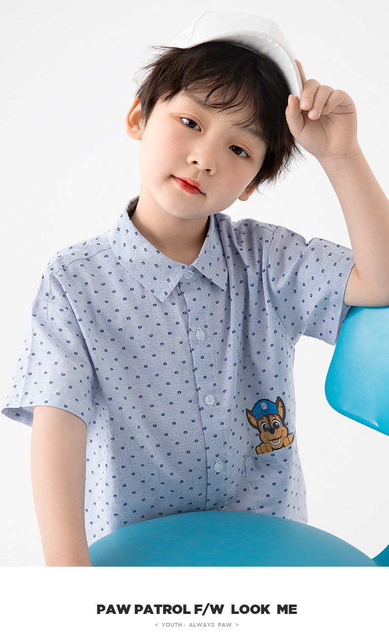 汪汪队童装儿童短袖衬衫2022夏季新款男童薄纯棉透气立领短袖上衣蓝色
