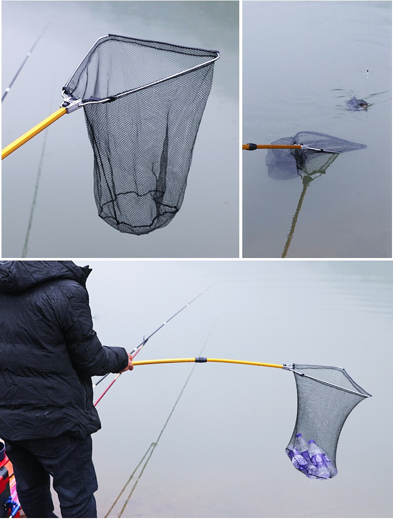 鱼网新款三角抄网折叠收缩铝合金超轻便携捞鱼网网兜钓鱼抄网竿金色19