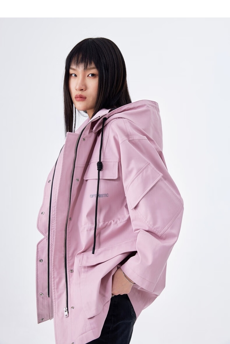 uti尤缇2022春季新款工装风休闲外搭上衣粉紫色连帽风衣外套女装粉红