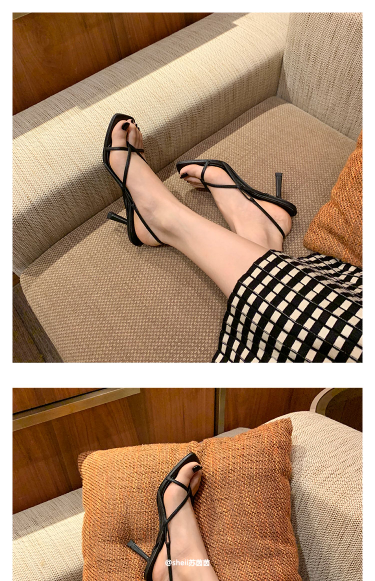 【sheii苏茵茵】高跟鞋女2022新款设计款小众方头细带露趾凉鞋女 橘色