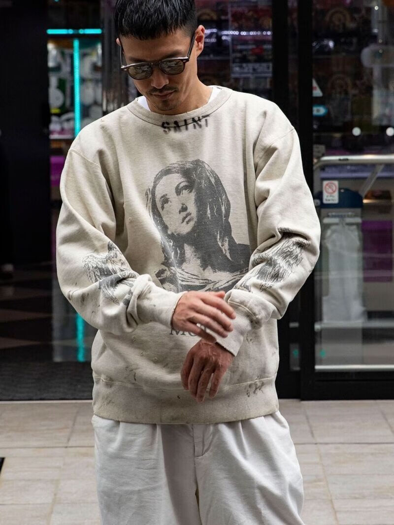 酷奇高版本saint michael做旧涂鸦破坏人物图案美式休闲宽松情侣卫衣