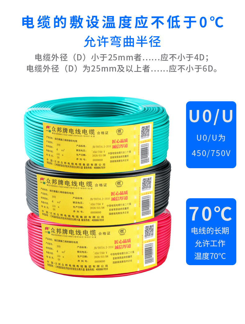 众邦电线电缆国标bvr15平方家用单芯多股软铜芯线蓝色100米