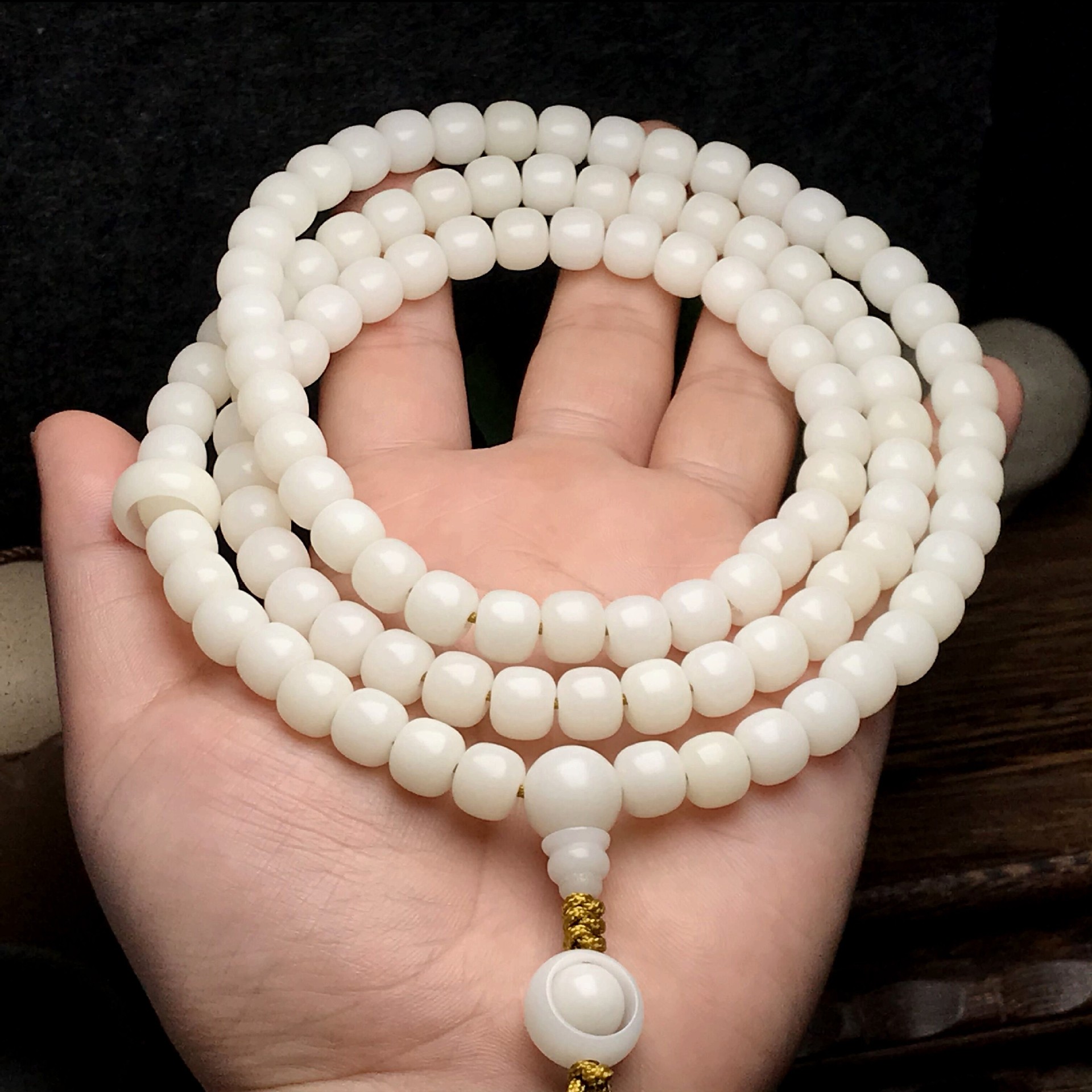 白玉菩提根老桶型圆珠108颗转运跑环佛珠手链念珠79桶