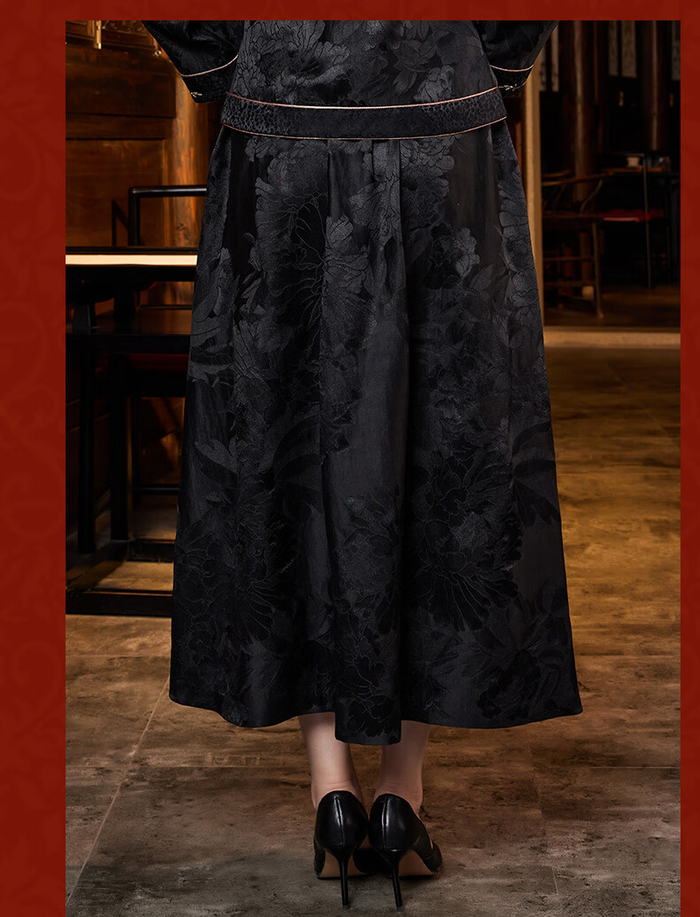 玺玥2022年春季新款40姆米香云纱半身裙中国风提花刺绣复古女下装黑色