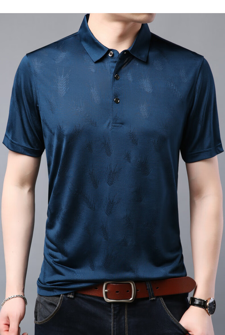 罗蒙短袖t恤男夏季薄款含桑蚕丝印花t恤中老年商务百搭polo墨绿180