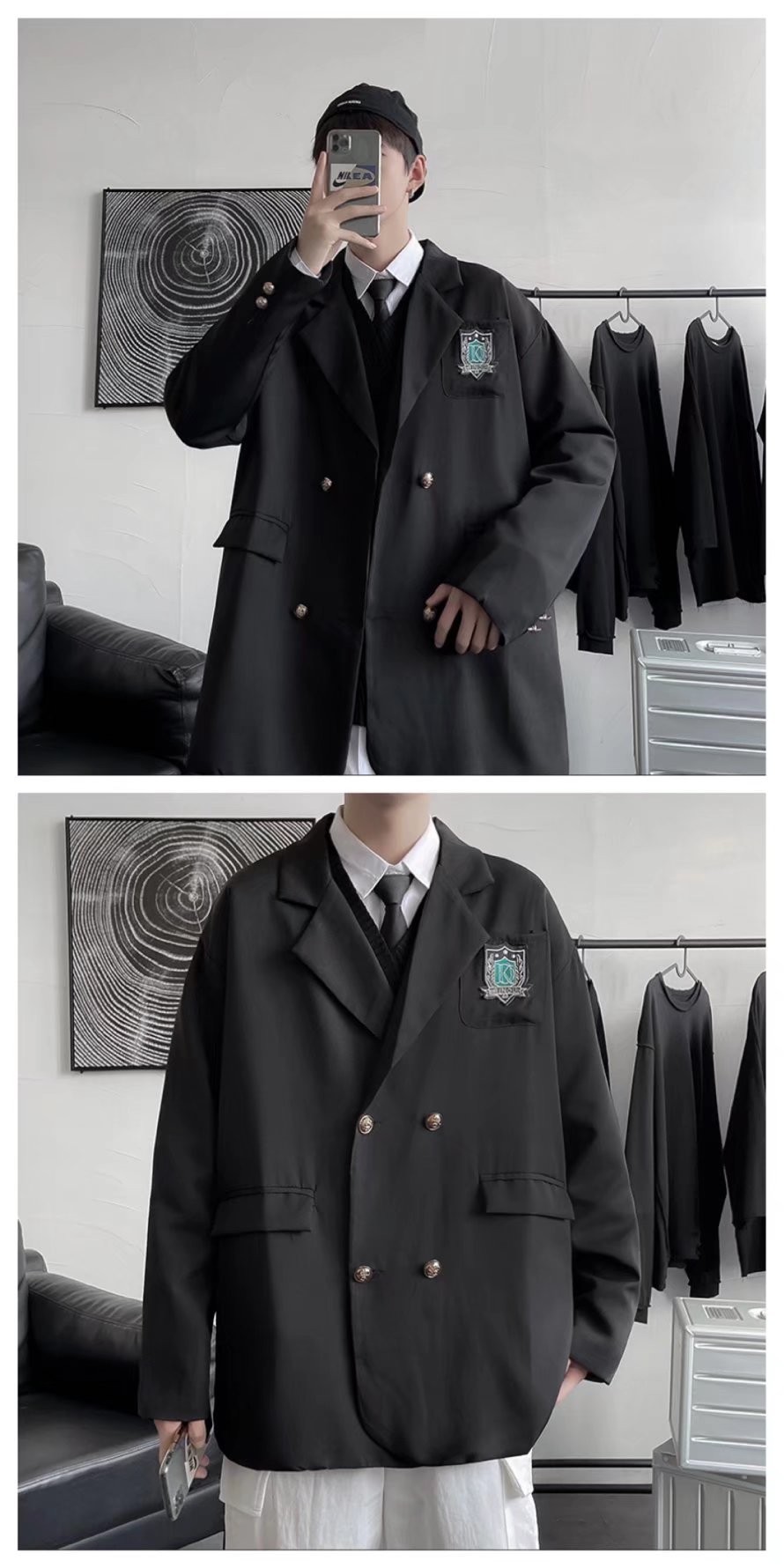 西装外套男dk制服学院风韩版潮流休闲外套情侣宽松青年k西服黑色m