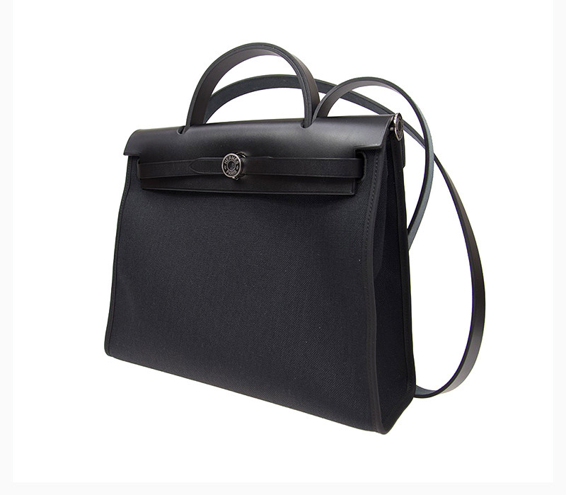 正品鉴定hermes爱马仕手袋herbag31黑色帆布斜挎包手提包单肩包学院风