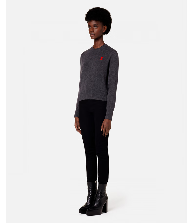 ami 女士22秋冬新款爱心款羊毛休闲圆领套头毛衣 055烟灰色 m【图片