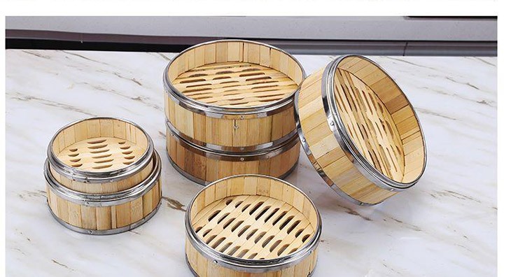 家用蒸笼饭蒸屉竹制小笼包蒸饭笼不锈钢包边蒸格广式早茶餐厅笼格14cm