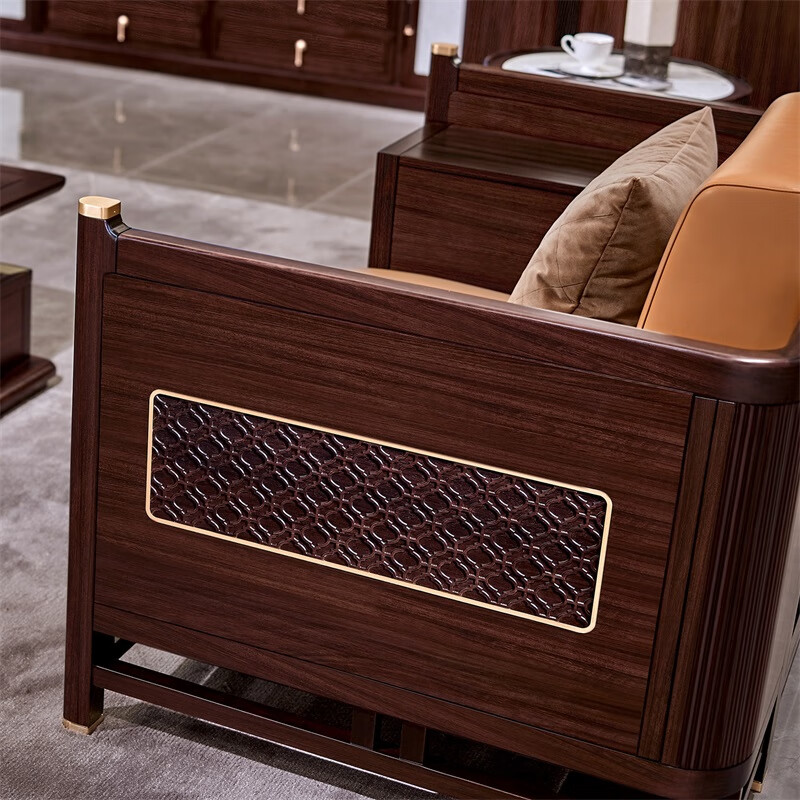 南洋胡氏 鸿运系列hs9932沙发 新中式 古典 组合实木沙发皮质软包