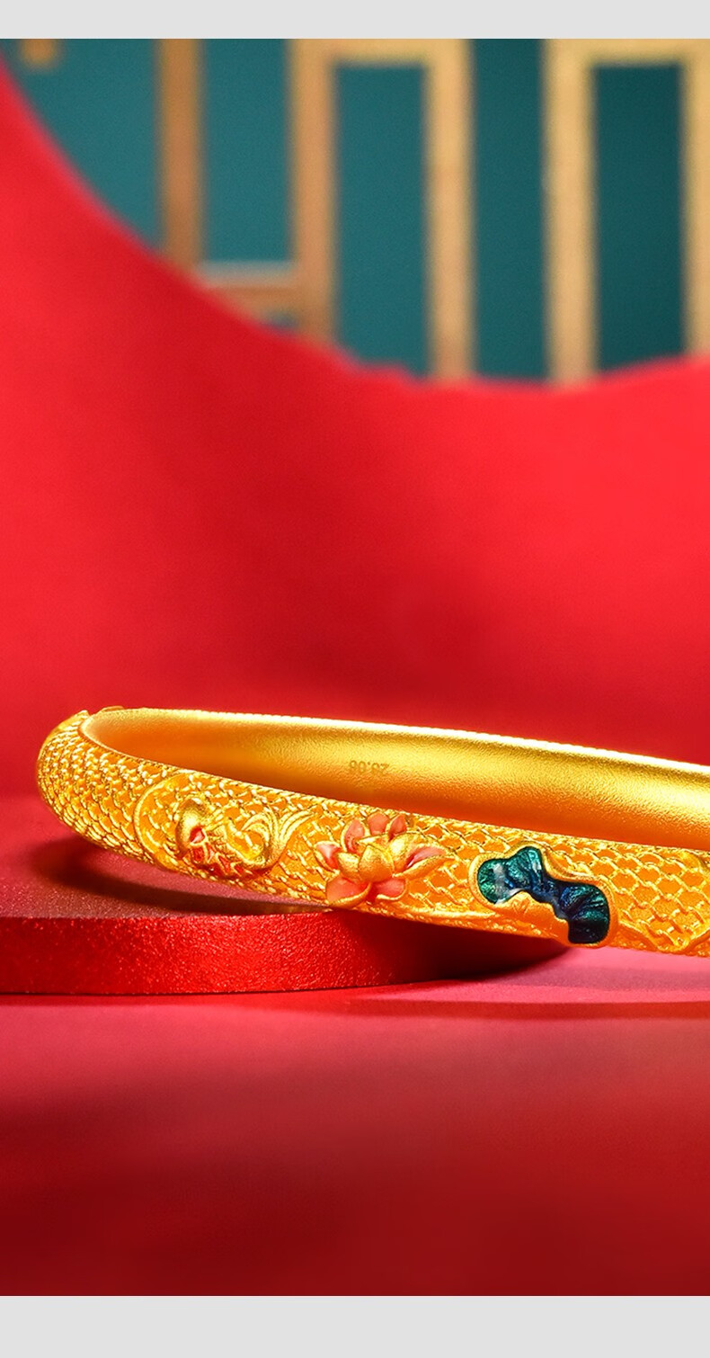 龙徽珠宝 黄金手镯女款足金999珐琅彩金镂空拉丝工艺金镯子女款婚嫁