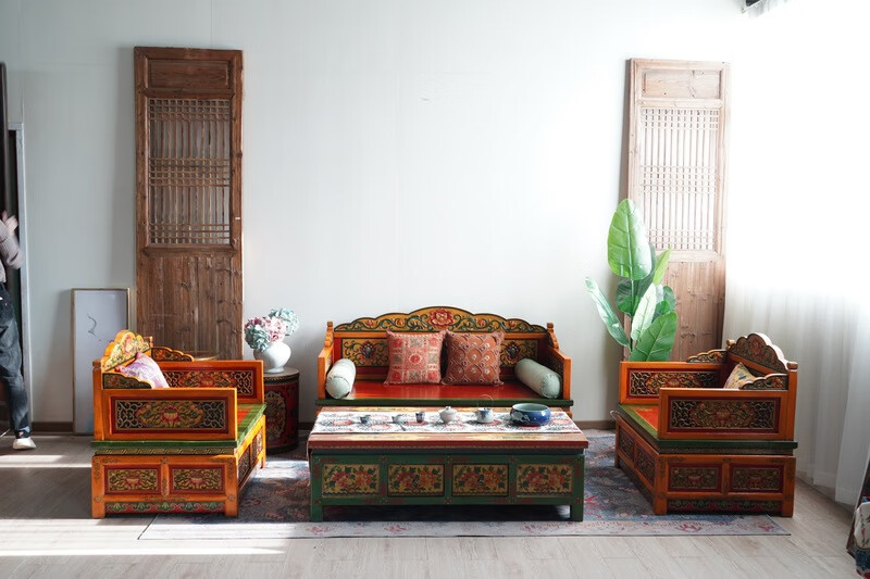 东南亚罗汉床 藏式彩绘禅椅东南亚沙发床实木雕刻盘腿打坐椅罗汉床