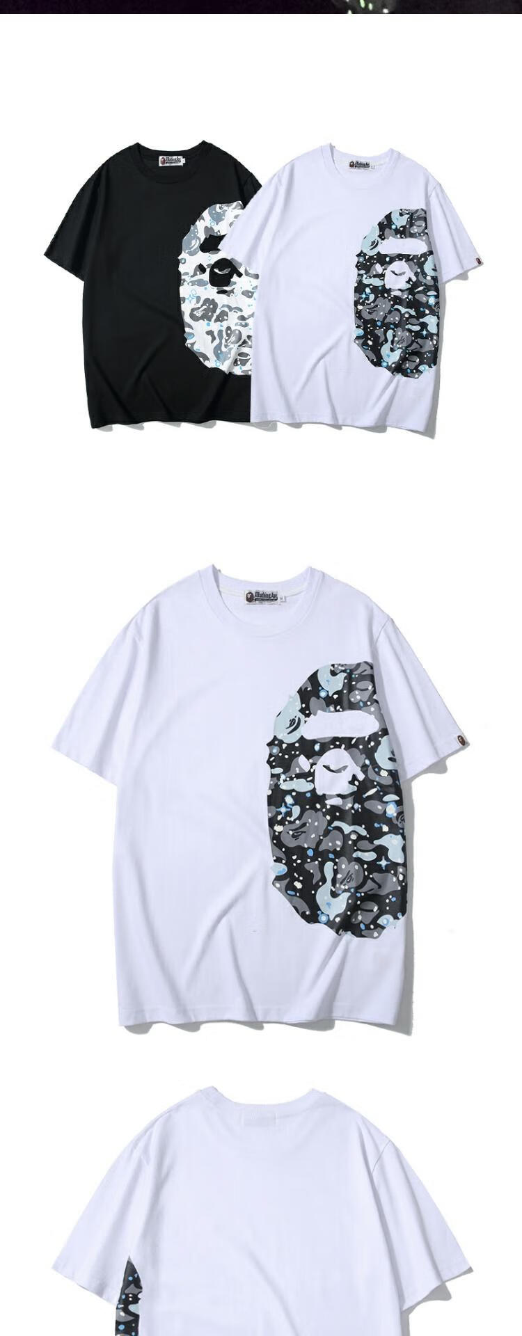 bape 猴子夜光短袖t恤大logo侧边印花男女情侣款半袖打底衫潮 白色 m