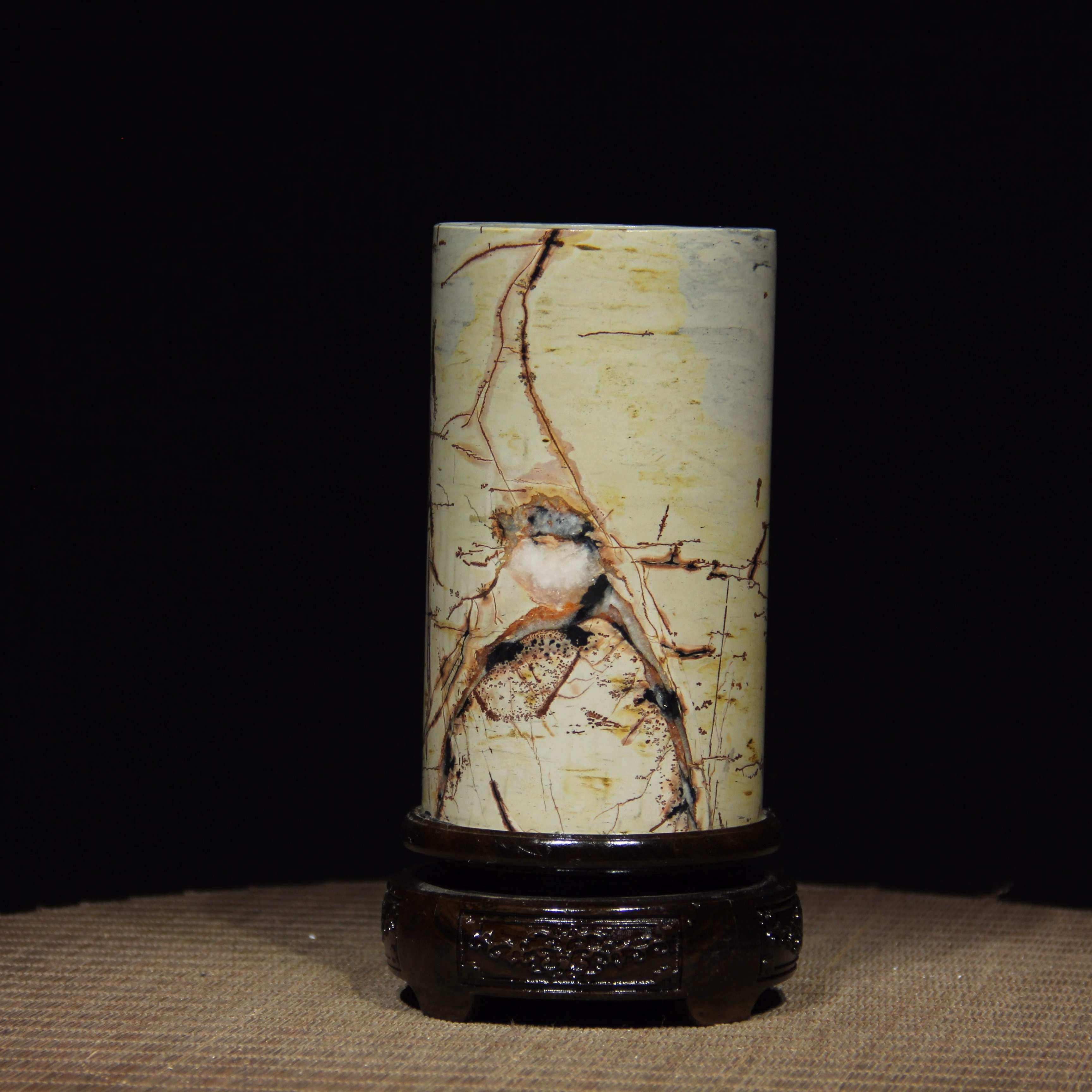 禾佳成 内有多款天然草花石头国画石奇石摆件石材旋转底座圆柱毛笔