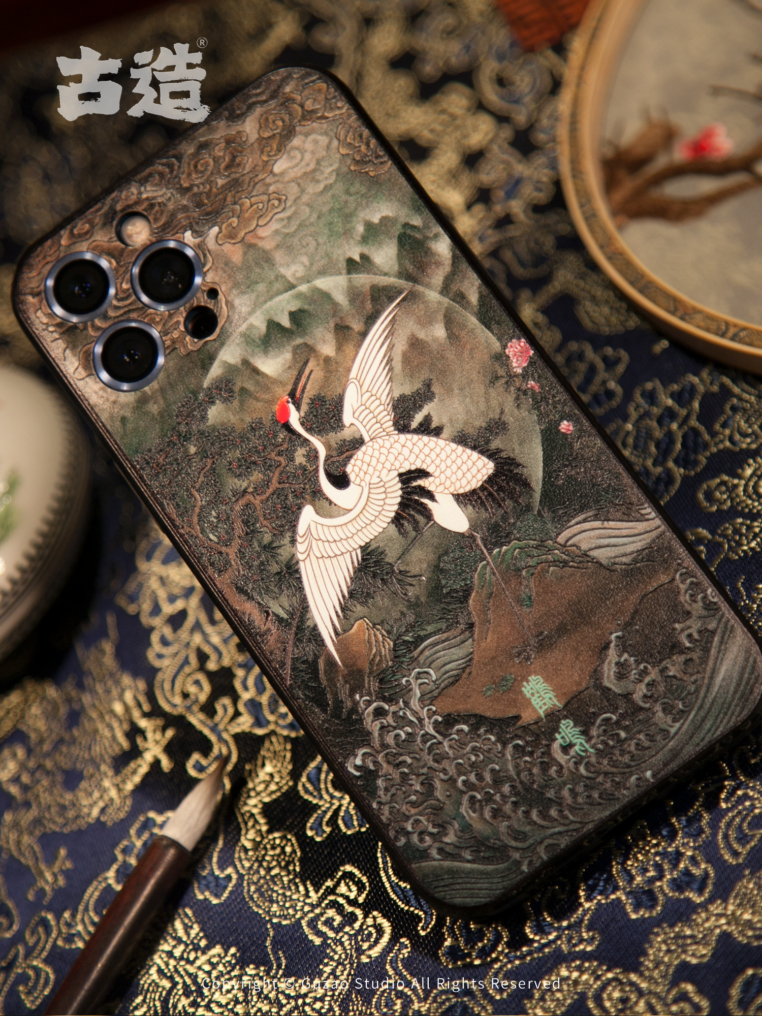 古造古风仙鹤适用iphone12promax手机壳中国风浮雕全包镜头国潮苹果12