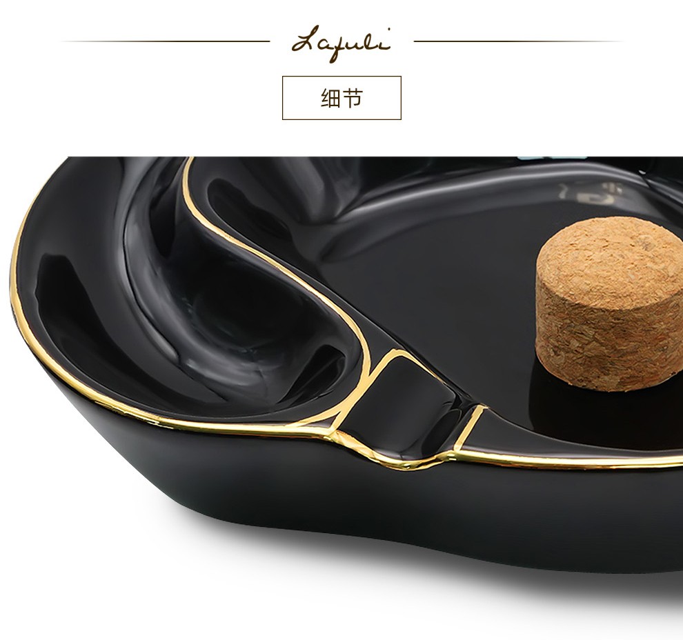 li黑色陶瓷烟斗烟灰缸 两位烟斗专用烟灰盅带软木塞不伤斗 雪茄烟灰缸