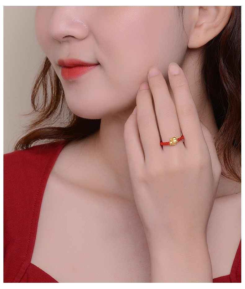 老凤祥款式周大福星999足金生肖虎转运珠黄金戒指女款编织绳指环3d硬