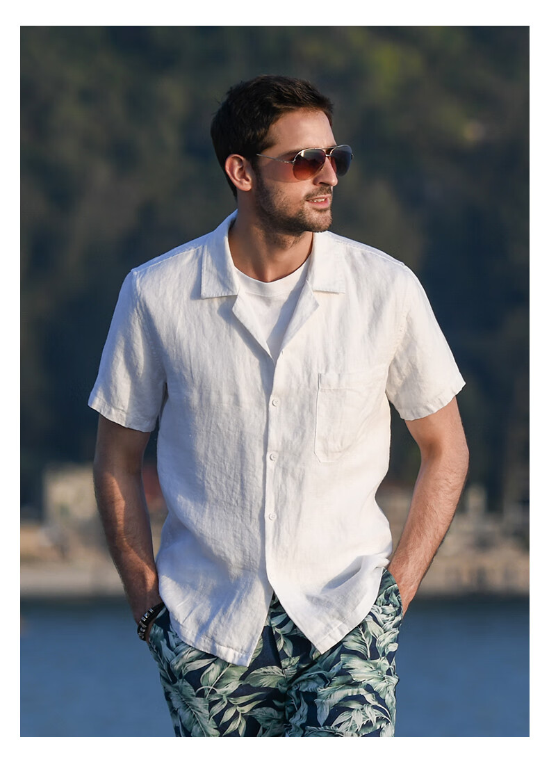 汉絮时尚文艺休闲短袖亚麻衬衫男士古巴领微宽松薄款麻料衬衣男潮黄色