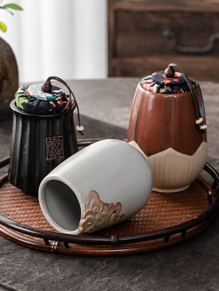 古风茶叶罐密封普洱罐茶仓旅行储物罐存茶罐茶具配件陶瓷茶盒祥云白色