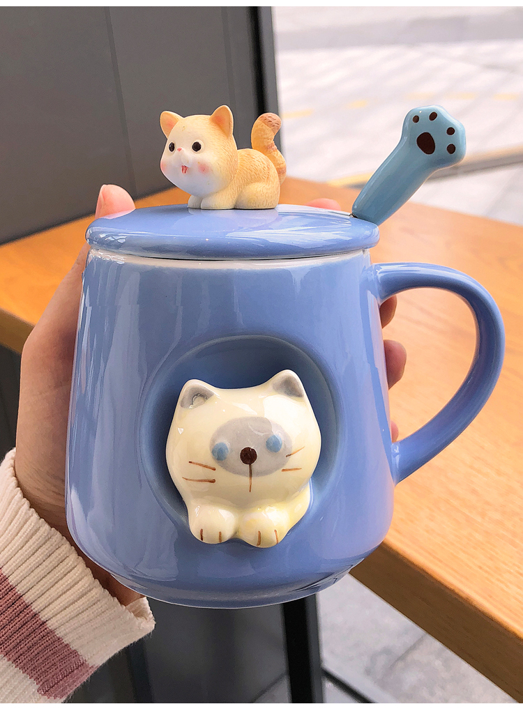 猫咪马克杯女生可爱少女陶瓷杯子带盖精品咖啡杯高颜值女精致