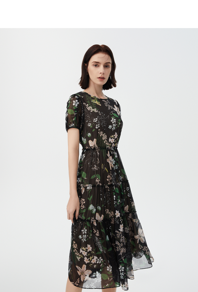 朗姿法式浪漫印花气质收腰中长款黑色连衣裙女2022年夏季新款黑色