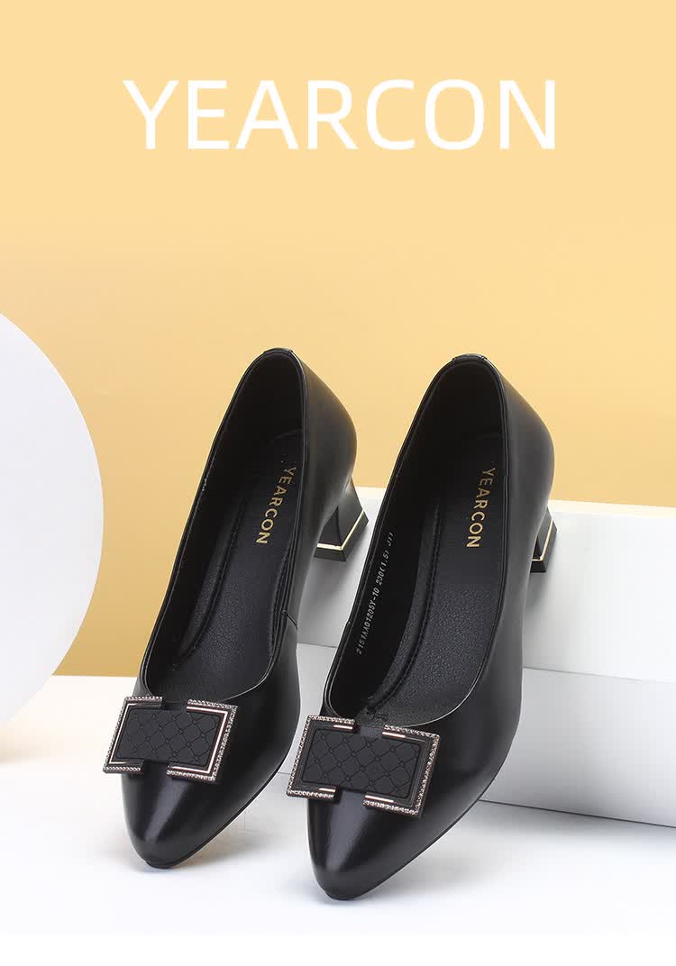 意尔康女鞋皮鞋女粗跟2022春季新款头层牛皮女士小皮鞋尖头中跟上班