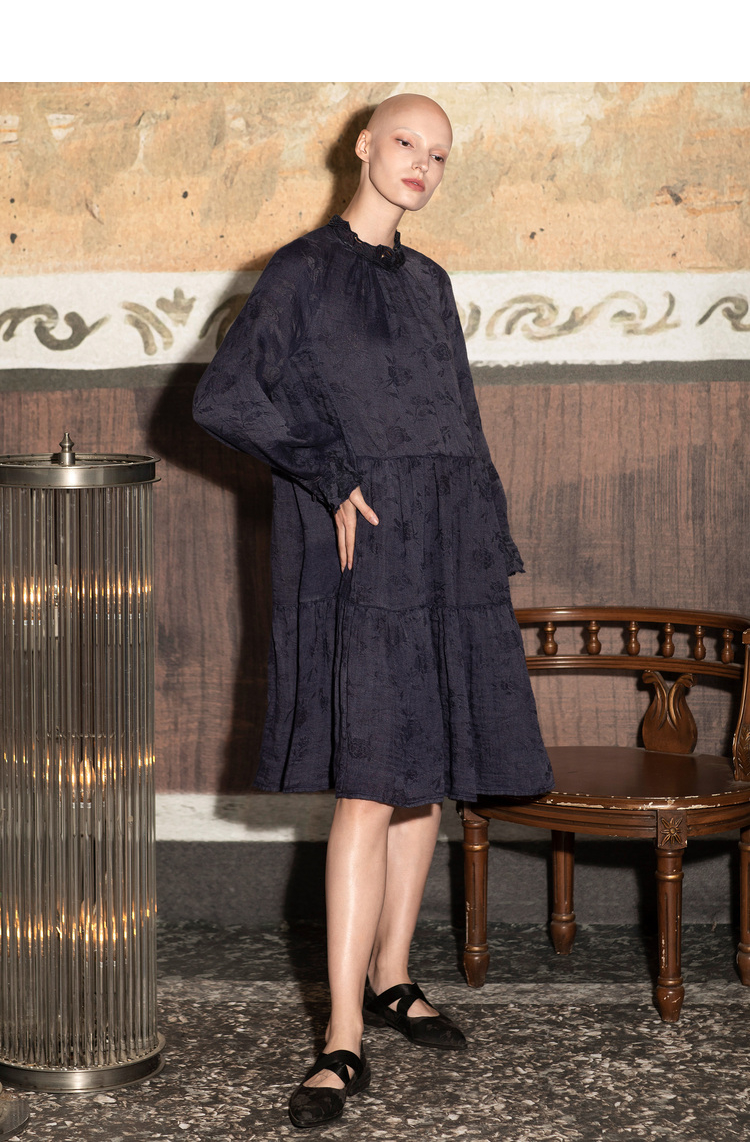 达衣岩素雅提花修身中长连衣裙2022年春季新品绣花收腰裙装夜色蓝xs