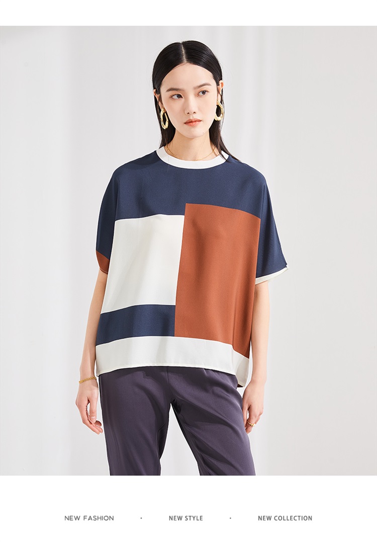 春竹2022春夏新款薄款宽松休闲真丝t恤女抽象印花短袖宽松女上衣白色m