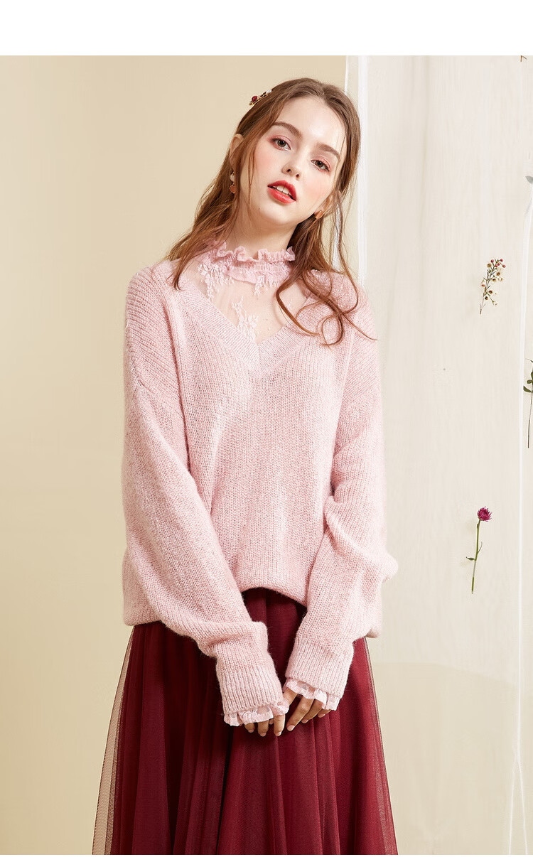 秋水伊人针织衫2020年春装新款女装半高领蕾丝拼接毛针织衫上衣女