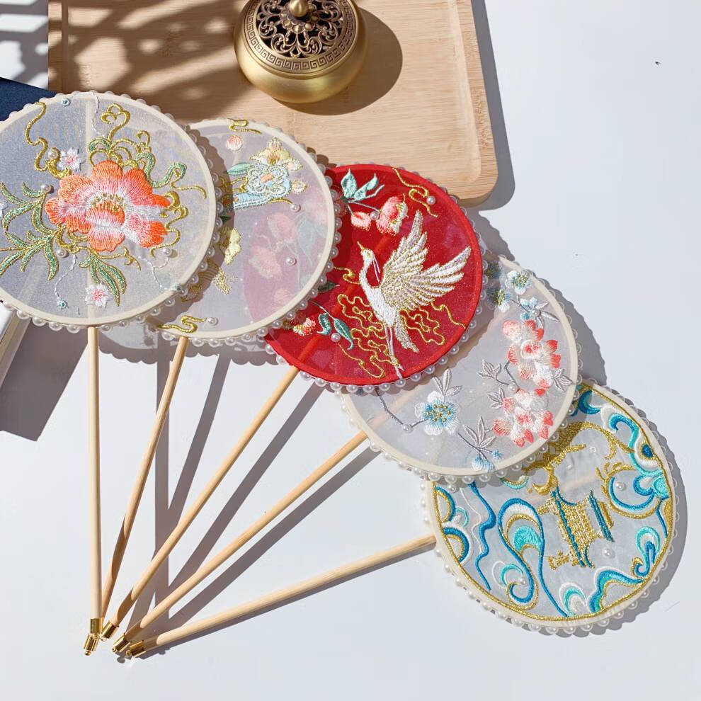 古典舞蹈团扇掌扇儿童扇子走秀汉服女童刺绣团扇宫扇小古风长柄舞蹈扇