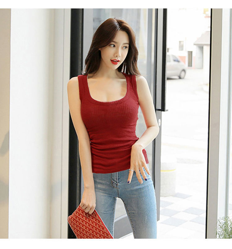 女士低胸跨栏背心紧身性感吊带背心女夏季外穿修身百搭无袖纽扣内搭
