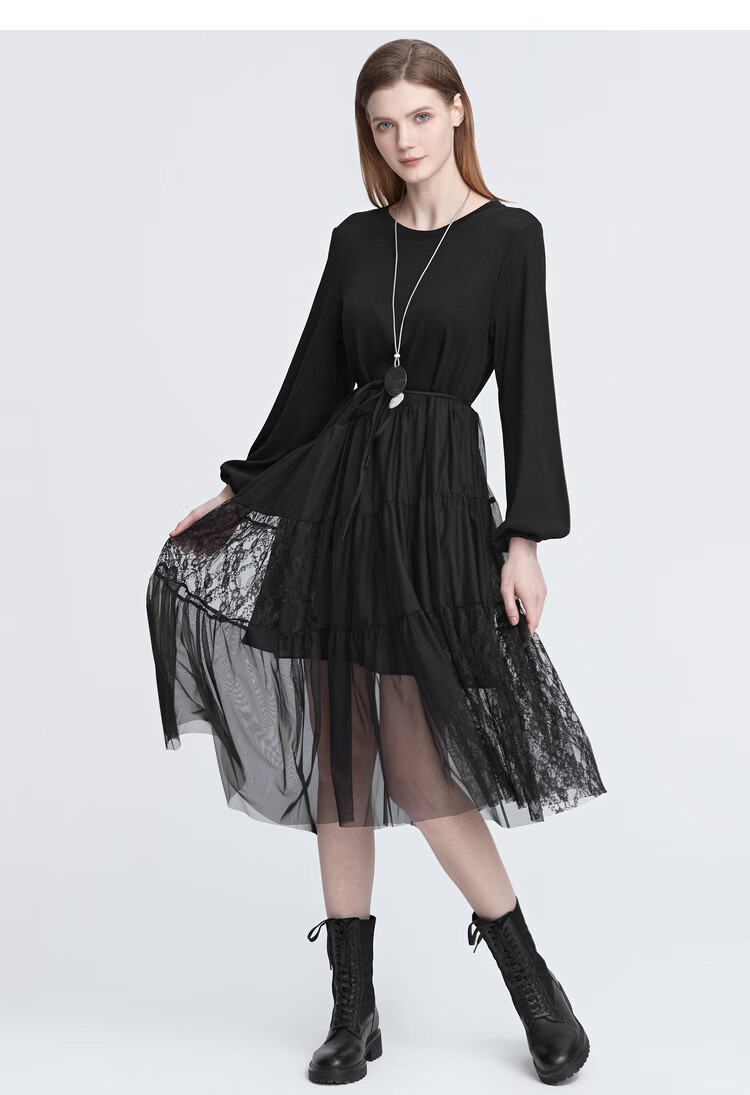 sdeer圣迪奥女装时尚圆领收腰网纱蕾丝长袖连衣裙s22181207黑色91l170
