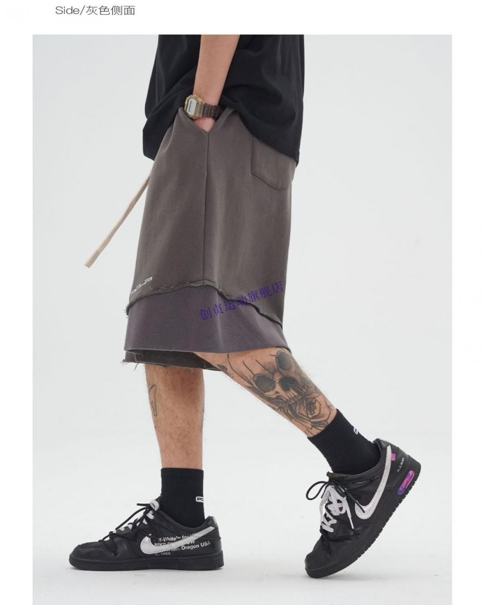 pclp 解构毛边抽绳短裤 国潮牌潮流夏季黑色百搭宽松休闲五分裤男a