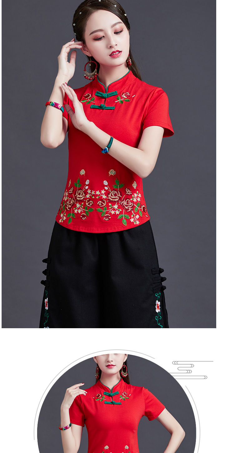 复古中国风立领盘扣刺绣恤棉 夏季新款民族风女装绣花短袖上衣女 黑色