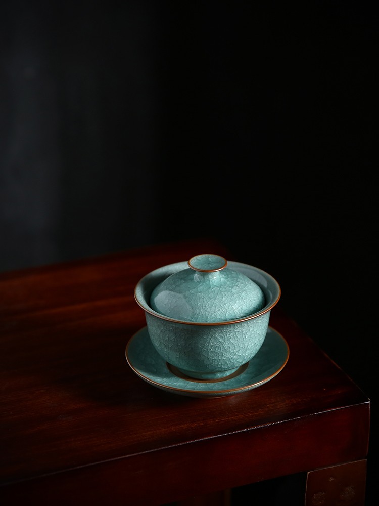 近园龙泉青瓷叶小春冰裂纹盖碗茶杯三才杯敬茶碗手工陶瓷功夫茶具