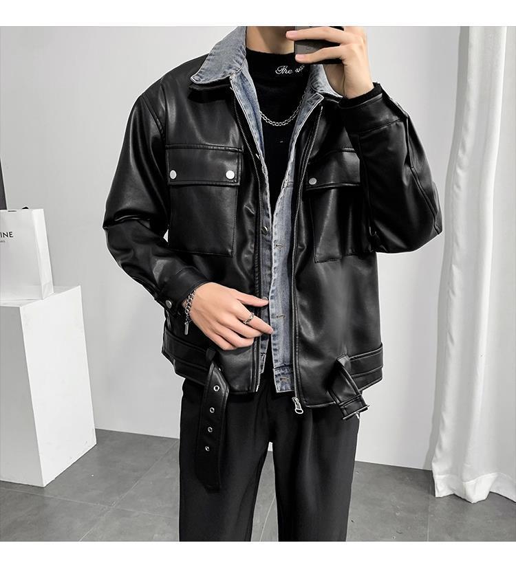 比琳姆牛仔拼接机车皮衣男春秋季2022新款宽松休闲假两件男士皮夹克