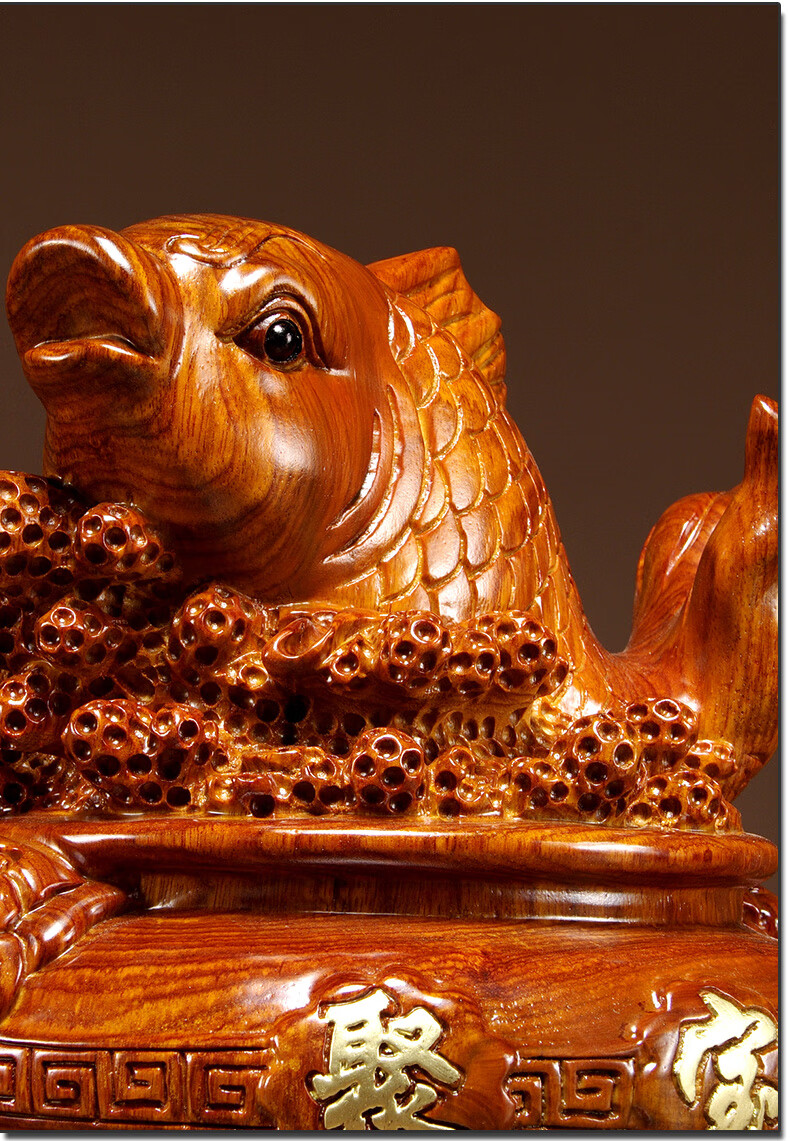 花梨木木雕聚宝盆摆件红木鱼年年有鱼鲤鱼实木雕刻工艺品开业礼品玄关