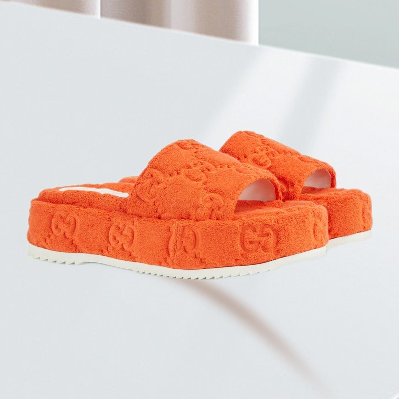 古奇女士拖鞋gg棉质海绵防水台厚底一字拖跟高3厘米淑女休闲 橙色 38