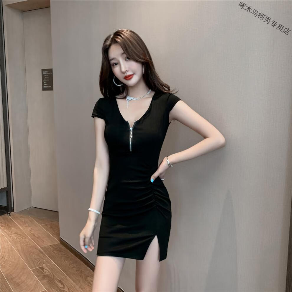 啄木鸟夏装新款夜场名媛修身v领拉链开叉性感短袖打底包