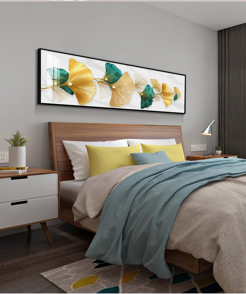 卧室床头装饰画银杏叶横版壁画主人房主卧房间壁画酒店背景墙房间装饰
