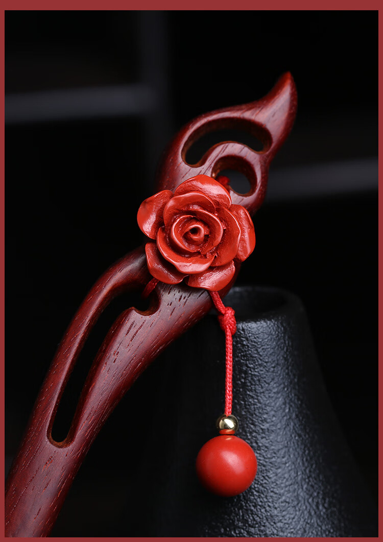 小叶紫檀发簪女复古盘头发簪子朱砂花朵红木头饰紫檀发簪