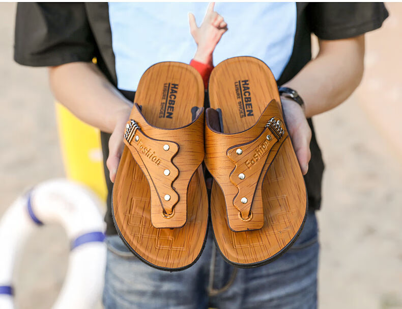 京致生活 凉鞋男平底软底外穿爸爸男士防滑休闲沙滩鞋罗马皮凉拖人字