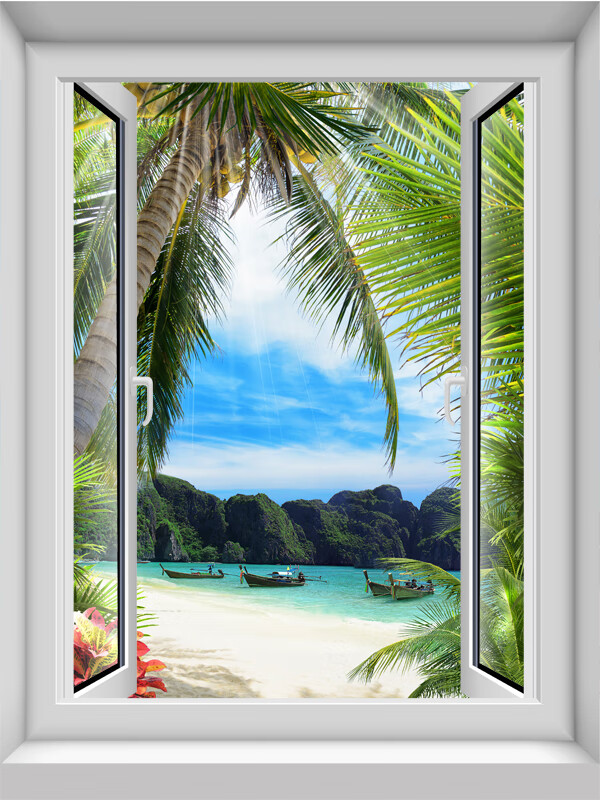 假窗户仿真风景画仿真竖款假窗户墙纸贴画3d卧室立体欧洲小镇地中海