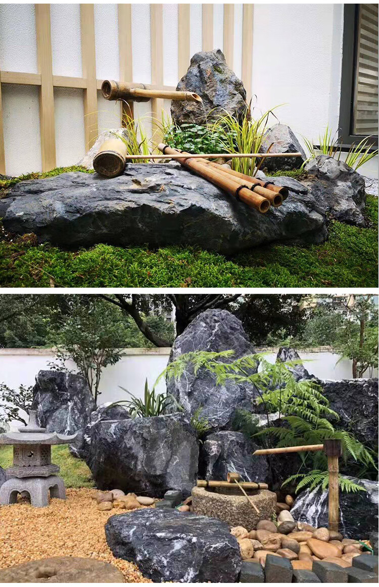 精选好物日式庭院石水钵流水石钵日式黑山石切片景石庭院石材庭院水景
