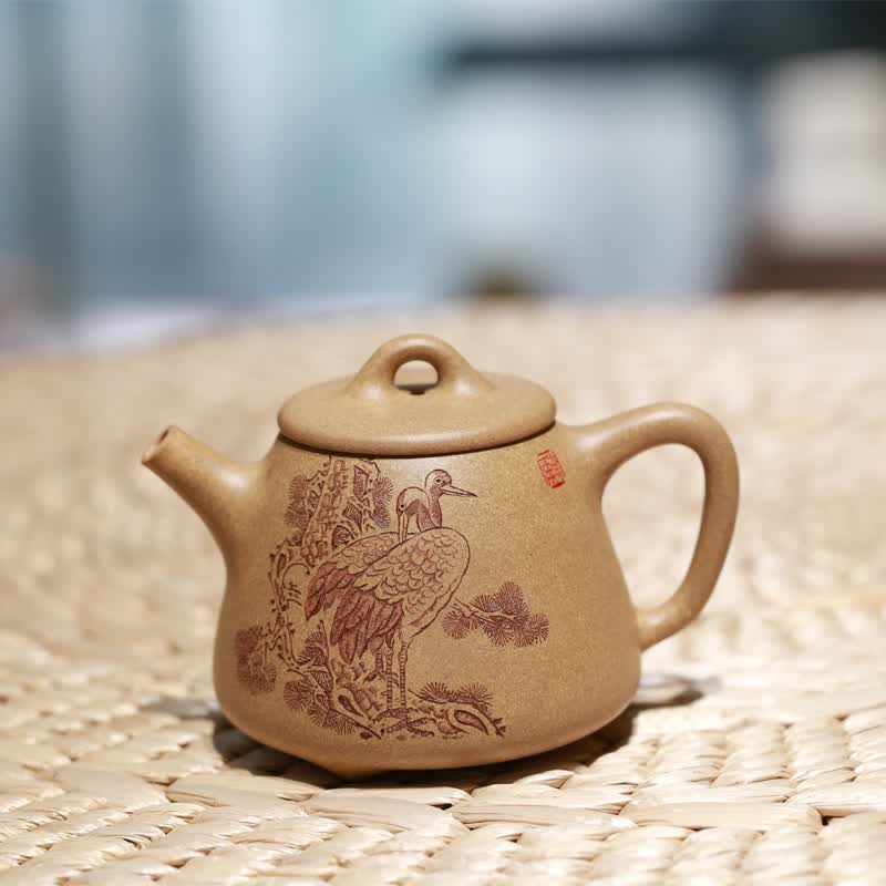 德轩堂宜兴刻绘杨喜雨紫砂壶高石瓢全手工原矿黄龙山老段泥刻绘仙鹤