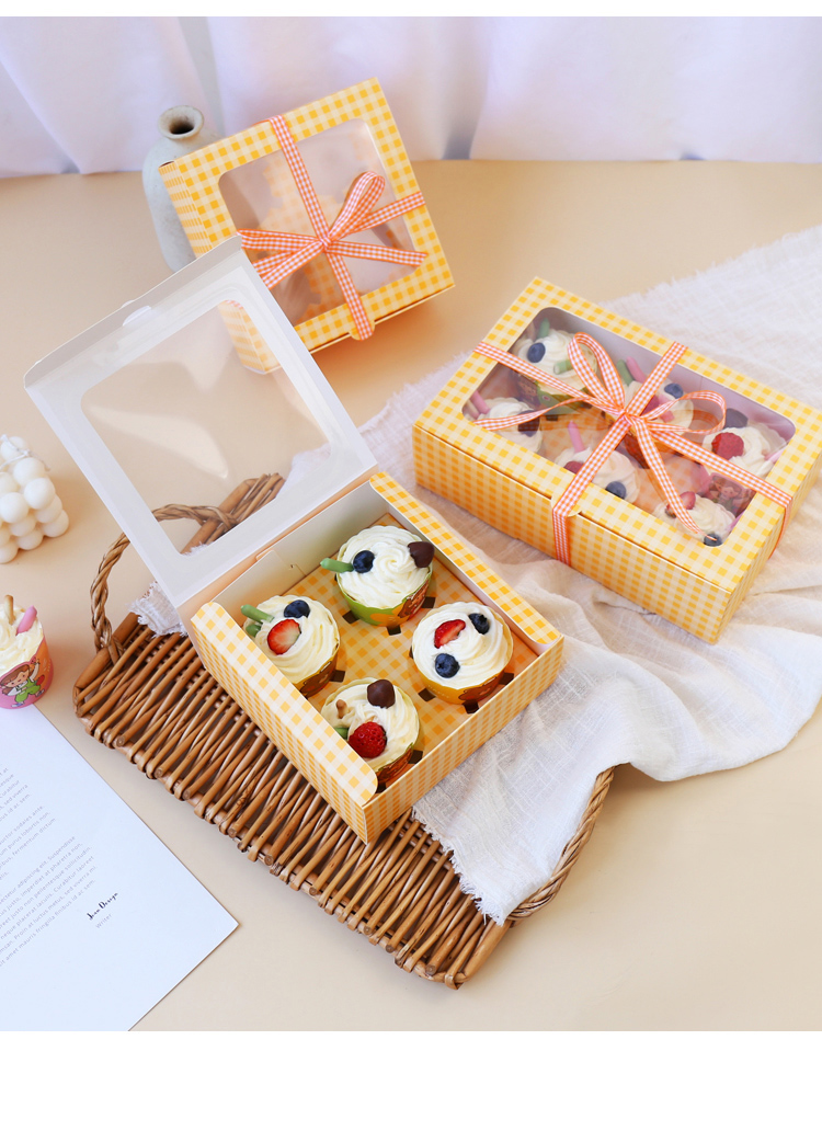 韩系纸杯蛋糕包装盒小清新46粒格纹甜品盒子慕斯杯蛋挞打包盒黄格子6