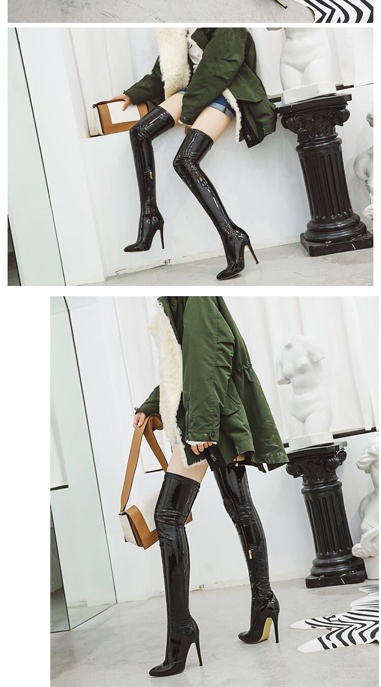 雨萌雅 恨天高长靴12cm性感细跟尖头秋季过膝靴模特走秀大码 红色_薄