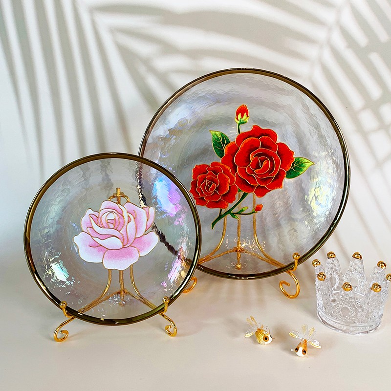 景韵阁 掐丝珐琅 摆件 炫彩玫瑰玻璃盘 非遗手工艺礼品 15cm玫瑰玻璃