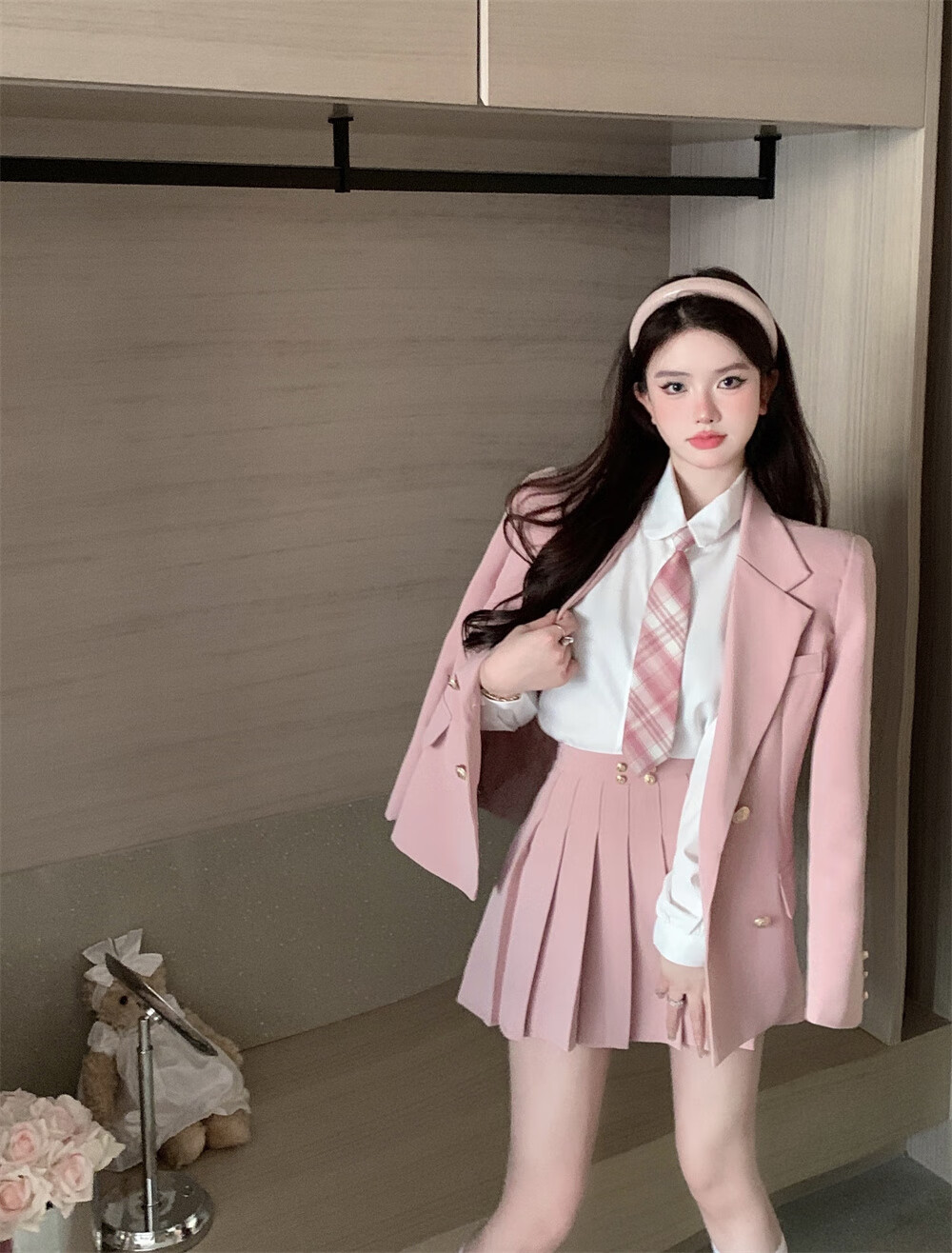 jk制服套装女英伦西装纯欲系少学院风套装短外套百褶半身裙 粉色四