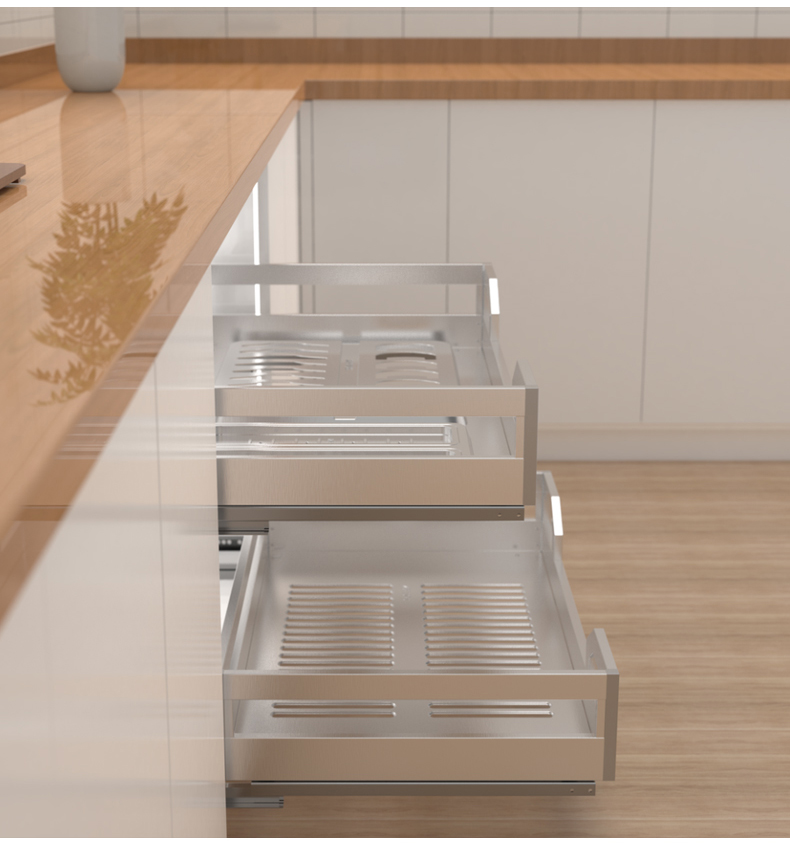 厨房橱柜拉篮加厚304不锈钢阻尼调味拉篮双层碗碟篮抽屉碗置物架600柜